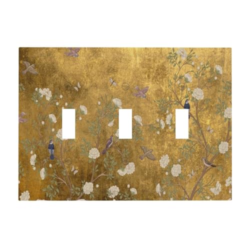Decorative Switch Plate Covers Vintage White Flowers Birds on Golden Background 3 Gang Light Switch Cover Plate Triple Toggle Wall Plate Light Switch Covers for Bedroom Home Decor