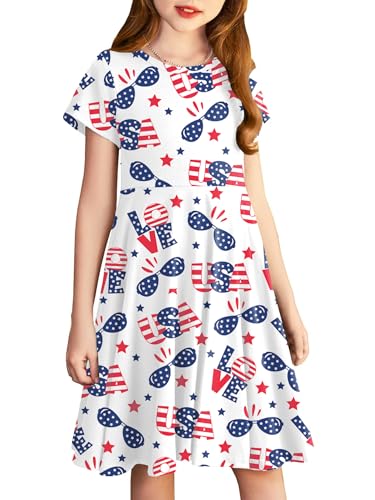 LAZYCHILD Girls 4th of July Dress Kids American Flag Dresses USA Stars Summer Dress Patriotic Party Tops 5-14 Years