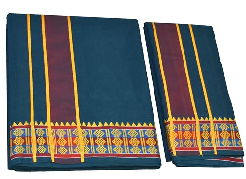 Image of TUNI MANI Men's Panchakacham Dhoti with Angavasthram with Zari Border, Cotton, Size: 9 X 5 (4.0mtr Dhoti, 2.25mtr Towel)