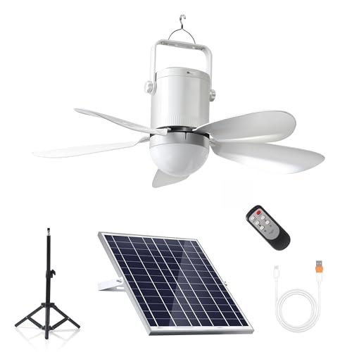 Image of Solar Ceiling Fan with Light, 10800mAh Rechargeable Battery & 15W Solar Panel, DC Brushless Quiet Fan, RF Remote Control, for Gazebo, Patio, Camping Tent, Garage, RV, Emergency Use