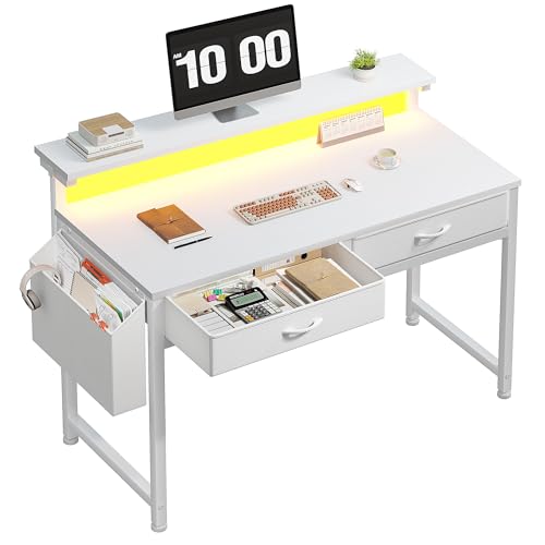 DurayLoly Computer Desk with 2 Drawers & LED Lights,31Inch Home Office Desks with Side Pocket and Monitor Stand,Study Writing Table for Small Spaces,White