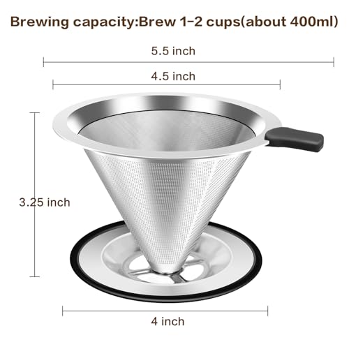 Image of Pour Over Coffee Dripper, Stainless Steel Coffee Filter, Paperless Reusable Coffee Filter, Double Micromesh 600 Mesh Strainer Coffee Maker with Heat-Resistant Silicone Handle & Base for 1-2 Cup