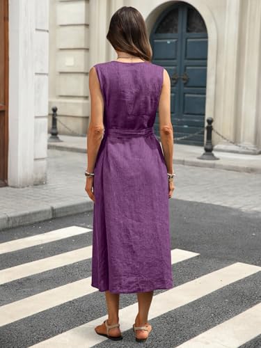 Image of Women's 100% Linen Midi Dress V Neck Sleeveless Tie Waist Side Slit Dresses 2026 Summer Dress with Pocket