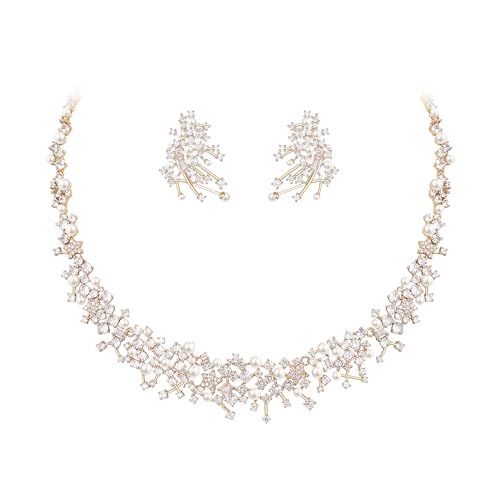 Image of White Faux Pearl Leaf Vine Bridal Cubic Zirconia Jewelry Set for Women