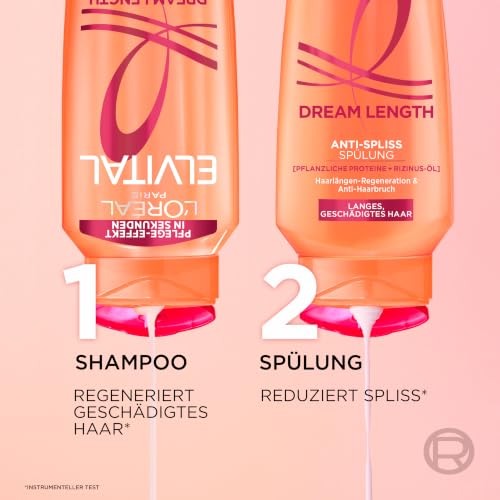 L'Oréal Paris Elvital XXXL Shampoo gegen Spliss, Für traumhaft langes Haar, Mit Rizinusöl, Vitaminen und pflanzlichen Proteinen, Dream Length Super Aufbau Haarshampoo, 1 x 1000 ml