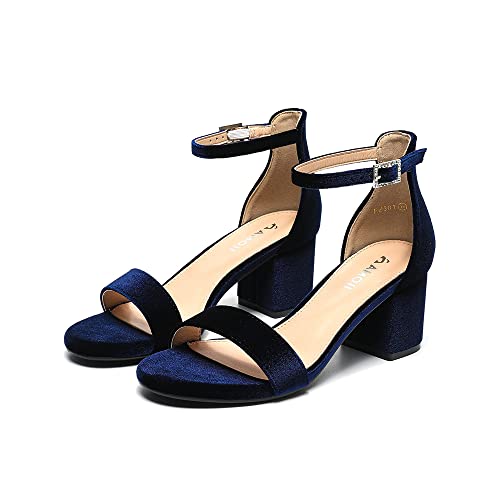 Amoji Women's Block Heels 2.5 Inch Strappy Heels Dressy Sandals Ankle Strap Lady Low Heels Chunky Heeled Sandals 301 VelvetNavy Size 7.5 women — view 4