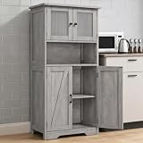 London Boutique Mobile ingresso/dispensa alto freestanding 128 cm con 4 ante (2 in vetro) e ripiani regolabili - armadietto contenitore in legno per cucina/bagno/soggiorno - Grigio rustico, 60x30x128