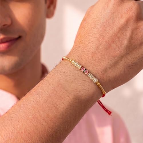 Image of Peora Om Shree Ram Swastik Rakhi for Brother Bhaiya | Crystal & Beads Studded | Red Thread | Raksha Bandhan Hamper with Roli Chawal Greeting Card