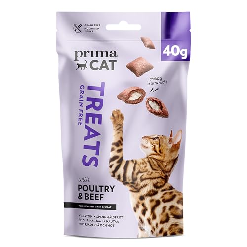 PrimaCat - Golosinas crujientes para Gatos sin Cereales para Piel y Piel, Sabor de Carne y Aves de Corral, 40 g