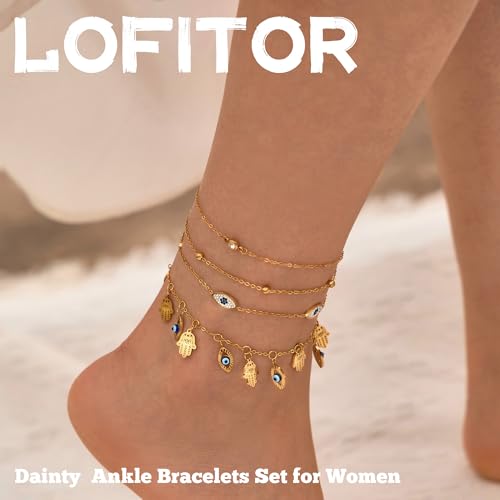 LOFITOR Waterproof Gold Anklet Bracelet Set for Women - Dainty Charm Link Chains with CZ Evil Eye, Star, and Pearl Beads - Adjustable Beach Jewelry - Image 2
