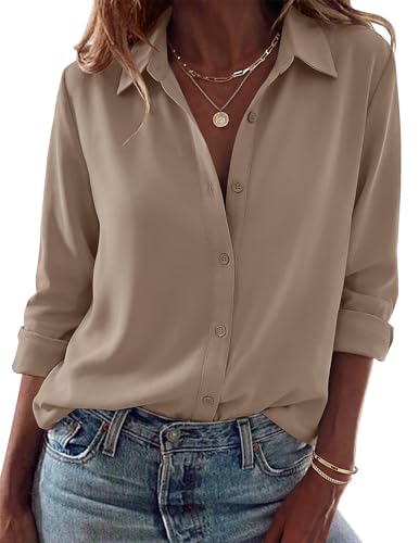 Zeagoo Long Sleeve Tops for Women Spring Blouses Button Down Shirts Business Casual Dressy Outfits Khaki