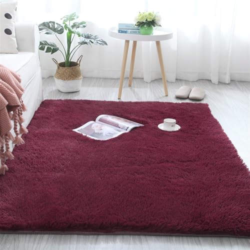 BESTORI Alfombra de Salón de Pelo Largo 200 x 300 cm Unicolor Lavable Suave Alfombras de Decoración Antideslizante Lavable Alfombra de área para Dormitorio Cocina Oficina, Rojo Vino