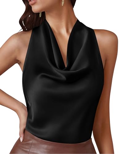 PRETTYGARDEN Silk Satin Halter Tops for Women Summer 2026 Cowl Neck Tie Back Going Out Sleeveless Business Casual Tank Top(Black Small)