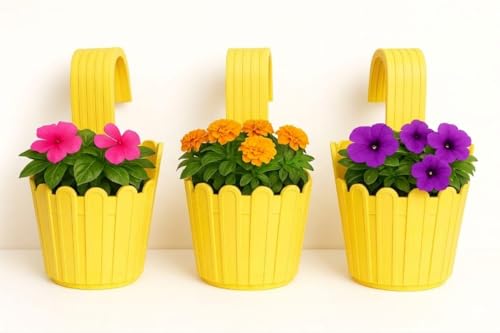 Image of Premium 6 inch Railing Planter with Hook - Durable Plastic Hanging Flower Pot for Balcony, Fence Design Gamla for Indoor /Outdoor Plants, Herbs & Creepers (3, Yellow)