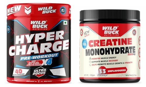 WILD BUCK Hyper Charge Pre-X4 Hardcore Pre-Workout Supplement powder with Creatine Monohydrate, Arginine AAKG, Explosive Muscle Pump, Caffeinated Punch -For Men & Women [40 Serv, Virgin Mojito] + WILD BUCK Creatine Monohydrate Powder,Strength,Reduce Fatigue,100% Pure Creatine,Lean Muscle Building,Supports Muscle Growth,Athletic Performance,Recovery [33 Servings,Unflavoured]
