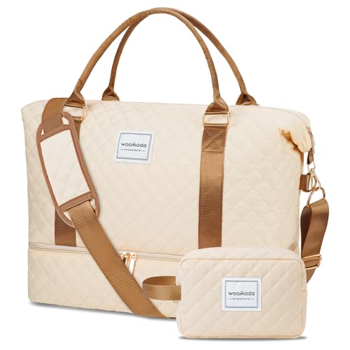 WOOMADA Weekender Bag for Women, Carry on Travel Duffel with Shoes Compartment, Large Size, Overnight Duffel with Toiletry Bag(beige&brown)