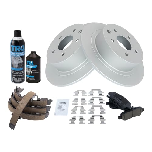 Image of TRQ Rear Brake Pad & Rotor Kit, with Chemical Kit Parking Brake Shoe Set Ceramic Premium G-Coated Compatible with 2002-2021 Nissan Altima 2004-2018 Maxima