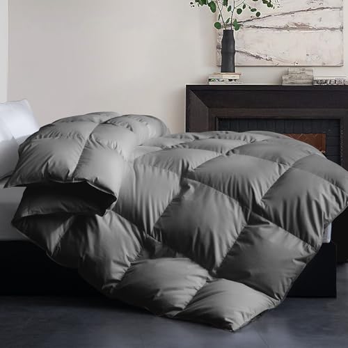 Image of Feather and Down Fiber Comforter Insert King, 100% Cotton Cover | Medium Warmth Grey Duvet Insert, Fluffy Soft Hotel Luxury Bedding for Bedroom, 106 x 90 Inches
