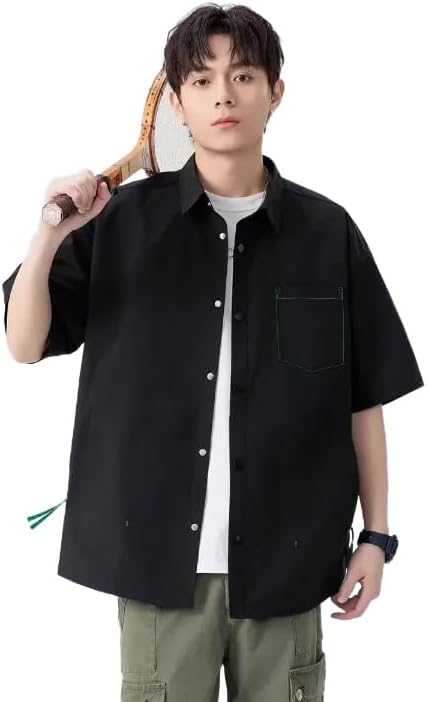 （06:00時点） [Yeecan] メンズ 夏服 シャツ 半袖シャツ メンズ 五分袖 薄手 ゆったり 無地 おしゃれ 大きいサイズ 軽い 柔らかい かっこいい カジュアル 春夏 吸汗速乾 オシャレ 人気-black-M