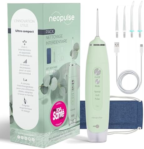 NEOPULSE® My First Jet Dentaire Ultra-Compact - Hydropulseur 2 en 1-4 Canules, 6 Pressions Réglables, 165ml Réservoir Amovible - Élimine Plaque Dentaire, Nettoie les Appareils Orthodontiques - Vert