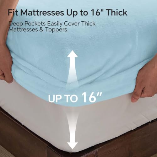 Image of BEDELITE Flannel King Fitted Sheet & Pillowcases Set, Blue, 3 Pieces | Ultra Soft Plush Fleece Bed Sheet with Elastic Corner Straps, 16 Inch Deep Pocket, Fuzzy All-Season Gift & Room Decor