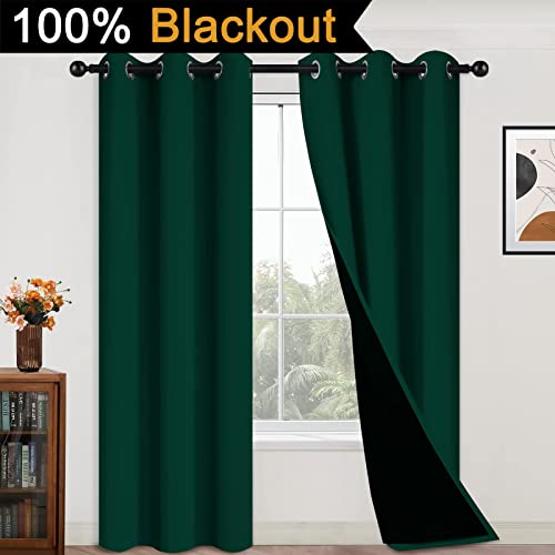 Image of Yakamok Dark Green 100% Blackout Curtains 84 Inches Long 42 inch Wide 2 Panels | Blackout Curtain Panels for Bedroom, 2 Thick Layers Grommet Top Thermal Insulated Drapes with Black Liner for Living Room