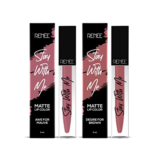 Image of RENEE Stay With Me Combo Of 2, Awe For Mauve & Desire For Brown 5Ml Each Long Lasting, Non Transfer, Water & Smudge Proof, Light Weight Matte Liquid Lipstick