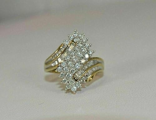 LR Jewellery 2 Carat Round Cut Diamond Cluster Ring, 925 Sterling Silver, 14K Yellow Gold Finish, Bypass Wedding Band
