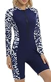 Halcurt Women's Long Sleeve Knee Length Swimsuits Full Body 1 Piece Rash Guard L