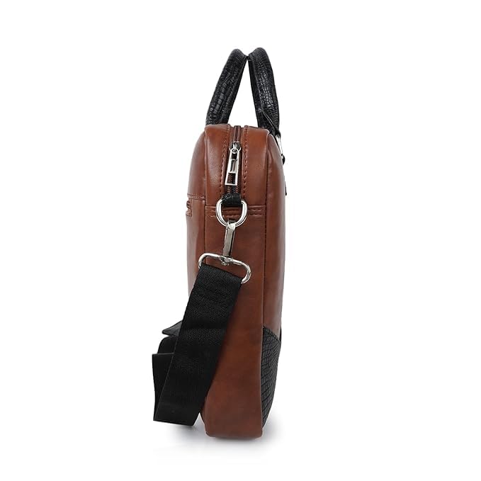 Image of Premium Vegan Leather Laptop Bag for Men | Office Briefcase with Shoulder Strap | Stylish Business Messenger Bag for 15.6 Inch Laptop, Documents & Travel (Tan & Black)
