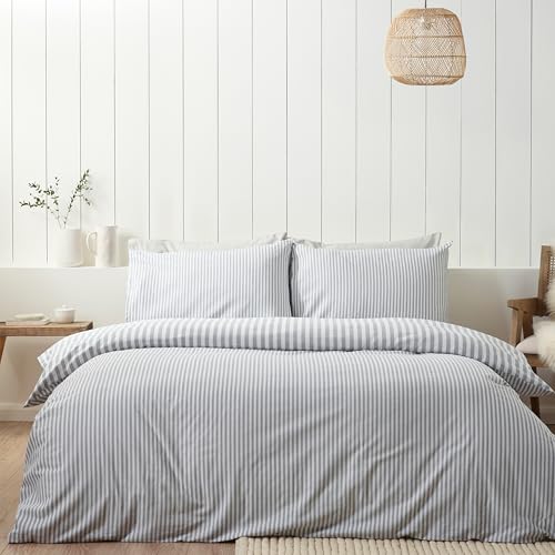 Catherine Lansfield Brushed Stripe Cotton Reversible Super King Duvet Cover Set with Pillowcases Silver Grey - Image 2