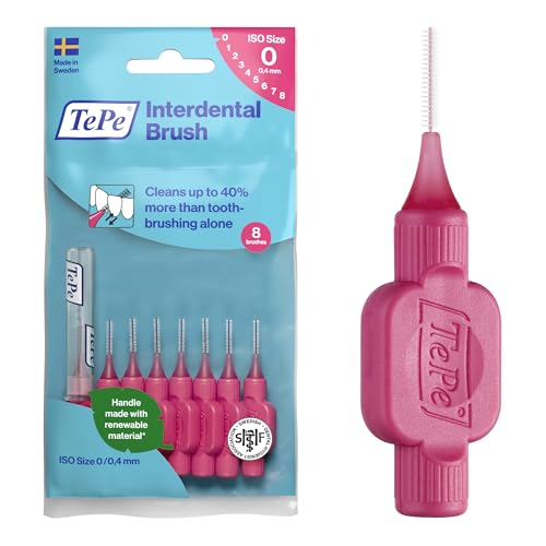 TePe Interdental Brush, Original, Pink, 0.4mm/ISO 0, 8pcs, Plaque Removal, efficient Clean Between Teeth, Tooth Floss, for Narrow Gaps