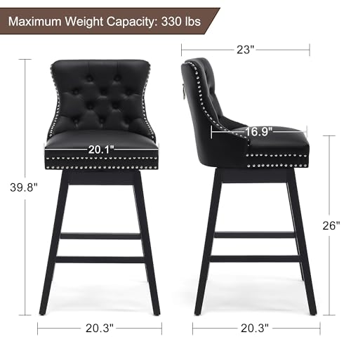 Image of Swivel Bar Stool Set of 3 with Back, Faux Leather Counter Height Bar Stools, Upholstered Tufted Counter Height Chairs, Solid Wood Legs (Black, 26 inch H Seat)