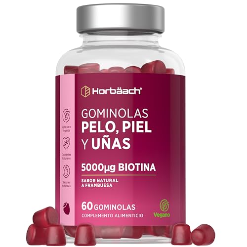 Gominolas para el Pelo Piel y Uñas | Biotina 5000 mcg + C, E y más | Vitaminas para el cabello | 60 Gummies Veganas | Hair Skin Nails Vitaminas | Horbaach