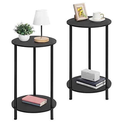 SEHERTIWY Small Round Side Table, 2 Tiers Farmhouse End Tables, Set of 2 Accent Tables for Small Spaces, Night Stands for Bedrooms Living Room, Coffee Tables with Storage Shelf, Black Cover