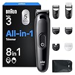 Braun All-in-One Series 3, 8-in-1 Multigroom, Barttrimmer, Haarschneider, Haarschneidemaschine für Gesicht und Kopf, 50 Min Akku, 14 Längen (3–21 mm), AIO3545, Schwarz