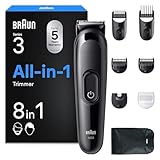 Braun All-in-One Series 3, 8-in-1 Multigroom, Barttrimmer, Haarschneider, Haarschneidemaschine für Gesicht und Kopf, 50 Min Akku, 14 Längen (3–21 mm), AIO3545, Schwarz