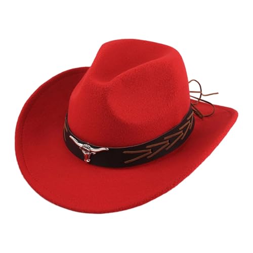 Generisch 2026 Disfraz de sombrero de vaquero occidental con ala media de lana de estilo étnico para disfraces de rendimiento al aire libre y ocio, rojo, talla única