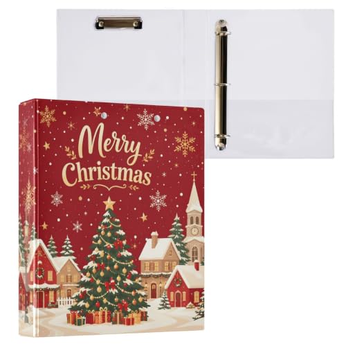 Image of 3 Ring Binder Merry Christmas Village Scene Winter 1.5 inch Binders Three Ring Binders with Clipboard Fit 8.5'' x 11'' Paper 3 Interior PVC Clear Pockets for Office Supplies