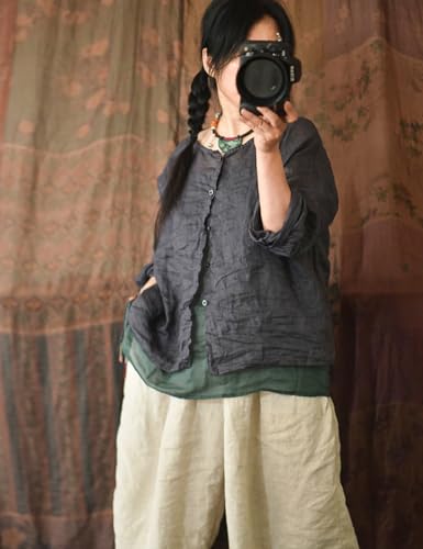 NFYM Womens Summer Lightweight Sheer Button Down Shirt Handmade Threading 3/4 Sleeve Ramie Linen Shirt Blouse 6