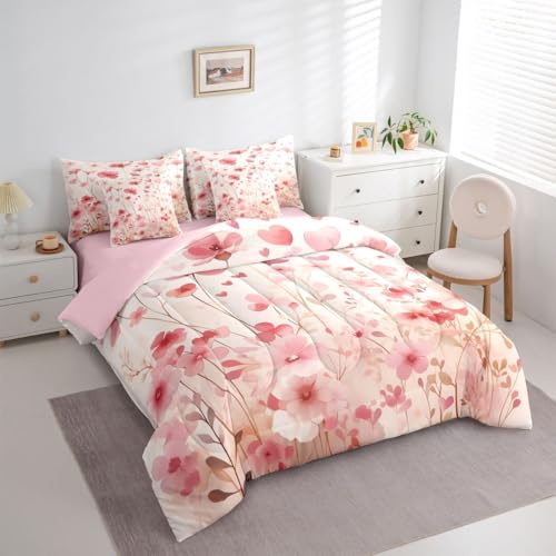 Image of Erosebridal Poppy Flowers 7 Pieces Bedding Set Pink Valentine Twin Comforter Set for Girls Kids Romantic Love Heart Shaped Bed in A Bag with Flat and Fitted Sheet Spring Floral Bed Set