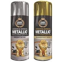 HitlineUK 2 x Metallic Shimmering 1 Gold and 1 Silver Spray Paint Interior & Exterior Aerosol Can 400ml