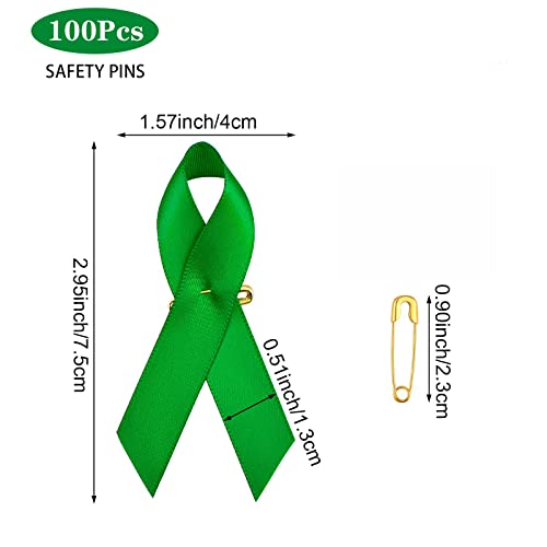 Image of 100PCS Green Awareness Ribbon Pins Green Ribbons Awareness Pins for Women Girls Campaigns, Support Groups and Fundraisers Charity Event Survivor Campaign Party Favors Supplies Supplies