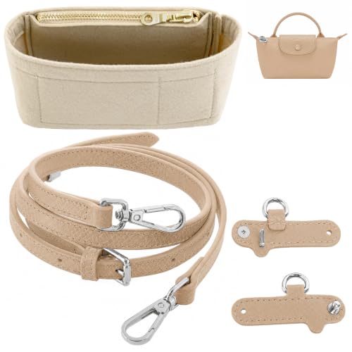 Image of Purse Organizer Insert & Leather Strap Conversion Kit Set, Compatible with Longchamp Le Pliage Mini Bag - Felt Inner Liner & Adjustable Shoulder Strap, Beige Insert & Beige Strap