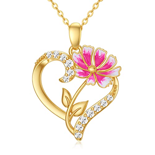 14K Real Gold Birth Flower Necklace for Women,Yellow Gold Created Moissanite Heart Pendant Orchid/Lotus Necklaces,Dainty Birth Month Floral Jewelry Gifts for Birthday Valentines Anniversary,16''-18''