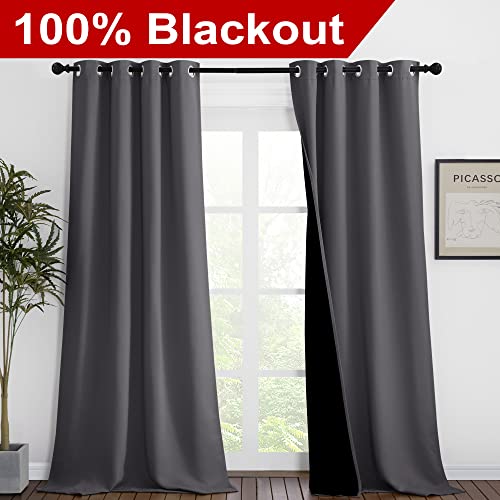Image of NICETOWN 100% Blackout Blinds, Set of 2, 46 inch x 96 inch, Laundry Room Decor Window Treatment Curtains for Large Patio Sliding Door, Thermal Insulated Grey Curtains for Bedroom