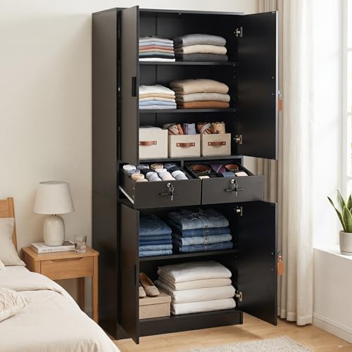 Armario de 200 cm de alto, armario grande con 4 puertas, 2 cajones, 3 estantes ajustables, cerradura, armario multiusos de madera para dormitorio, habitación infantil, pasillo, salón, negro, 78 x 40 x