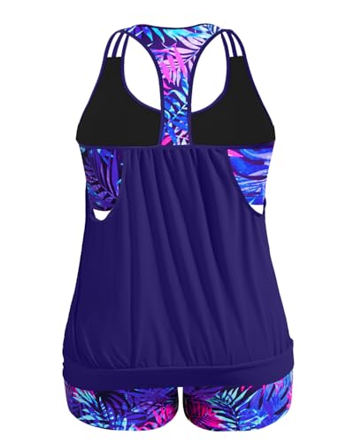 Image of Womens Plus Size Tankini Swimsuit Two Piece Tummy Control Bathing Suit | Blouson Racerback Tankini Top with Shorts, Double Up Design, Removable Pad