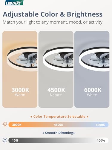 Image of LEDIARY Ceiling Fans with Lights, 20 inch Low Profile Flush Mount Ceiling Fan, Dimmable LED, APP & Remote Control, Quiet Reversible DC Motor, 6 Speeds, Fandelier for Bedroom, Black