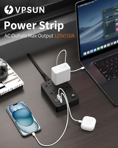 VPSUN Power Strip Surge Protector with 20W USB C Ports,6Ft Flat Plug Extension Cord Wall Mount 4 Outlets Extender,Fast USB Charging Station 1080J (Black)